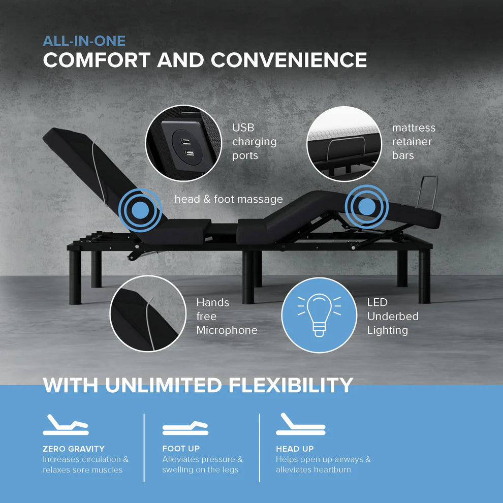 Glide Smart Adjustable Bed Base with Massage & Wireless Remote